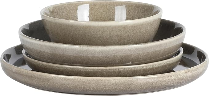 Gibson Elite Berea 16 Piece (Service for 4) Plates and Bowls Reactive Glaze Round Dishes Stoneware Ceramic Dinnerware Set -Taupe