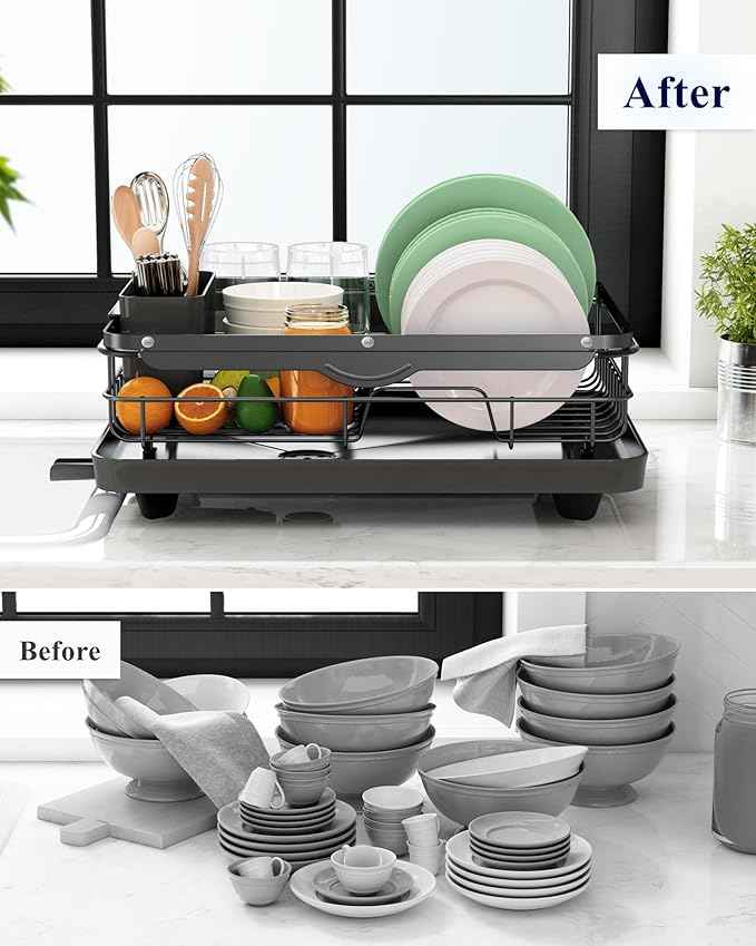 Kitsure Dish Drying Rack for Kitchen Counter, Stainless Steel Sink Organization and Storage Essentials with Cutlery Holder, Home and Appartment Decor, 12.2''W x 15.7''~23''L, Black