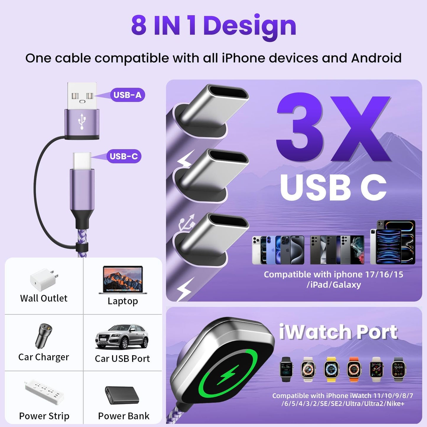 Travel Essentials Multi Charging Cable for iWatch Charger 3 X USB C Cable