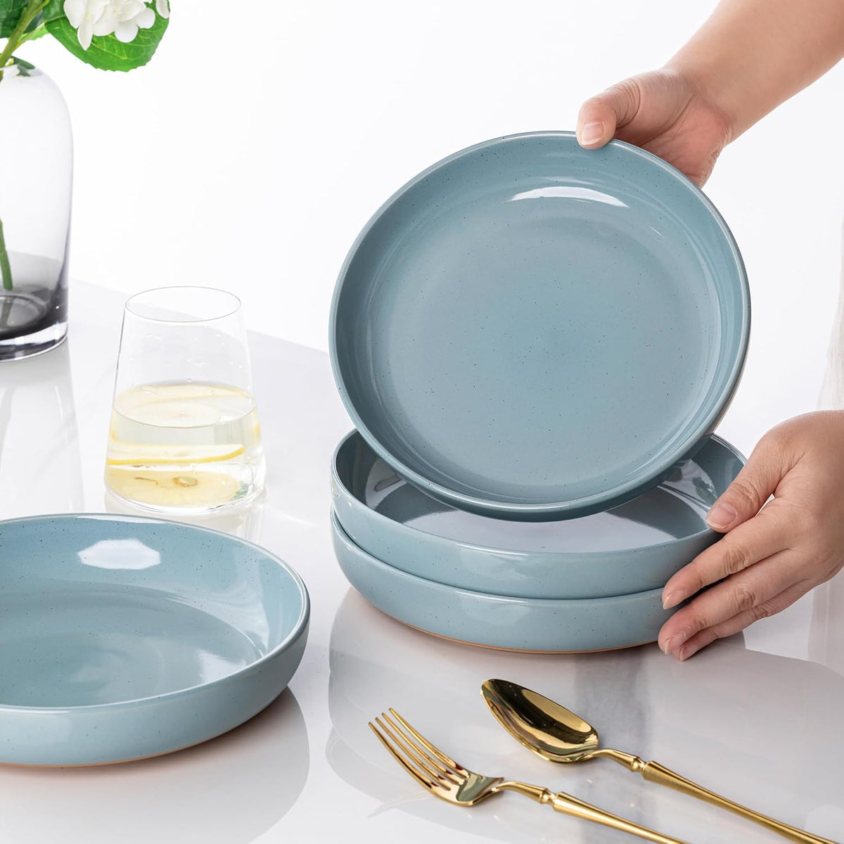 AmorArc 8.75'' Large Ceramic Pasta Bowls, 36oz Handpainted Stoneware Bowls Set of 4, Microwave&Dishwasher Safe Bowls with Rustic Terracotta Underside for Pasta Salad, Blue