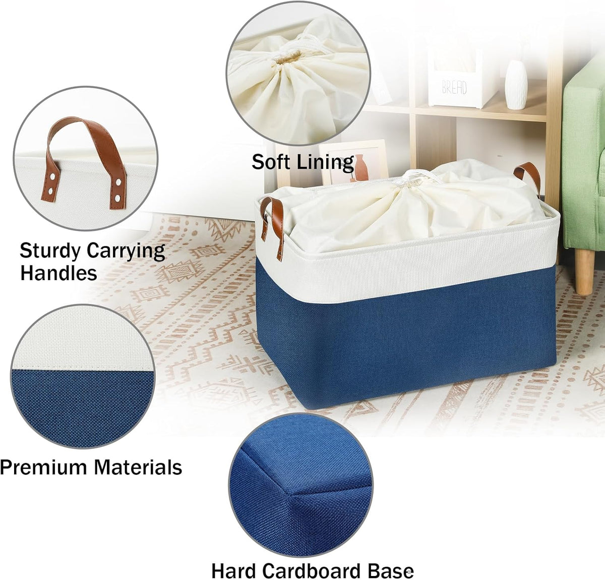 DULLEMELO 2-Pack Extra Large Blanket Basket Fabric Storage Baskets with Handles, Canvas Storage Baskets for Organizing Shelves Closet Toys Books, 22 x 15 x 13 inches(White&Blue)