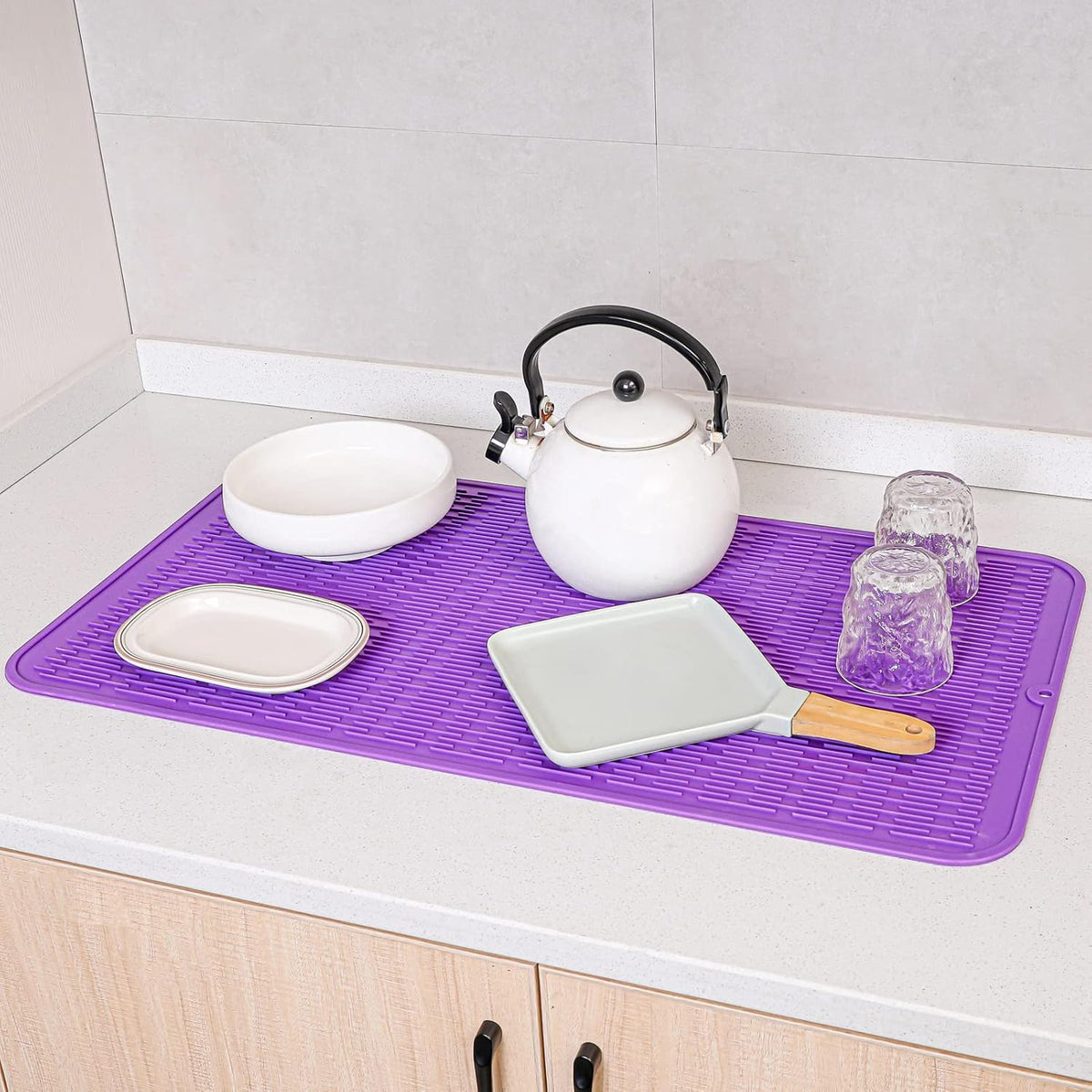 Silicone Dish Drying Mat for Multiple Usage,Easy clean,Eco-friendly,Heat-resistant Silicone Mat for Kitchen Counter or Sink,Refrigerator or Drawer Liner Purple 4XL 32 inches x 18 inches
