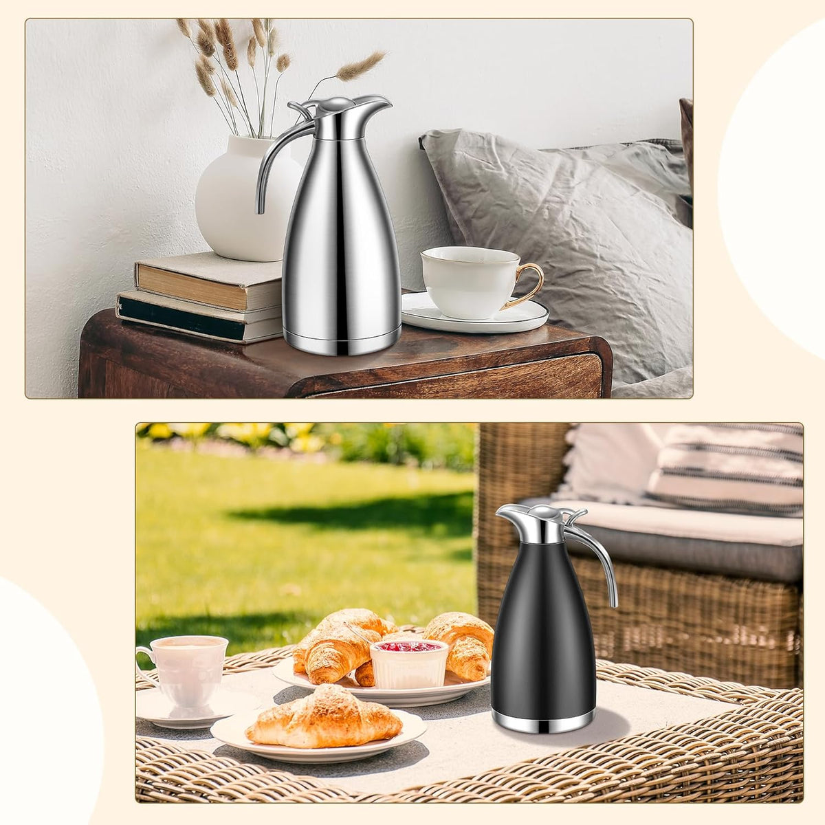 Uiifan 2 Pcs 68 oz Thermal Coffee Carafe Insulated Stainless Steel Coffee Carafe for Hot Liquids Vacuum Thermal Pot Creamer Dispenser with Brushes Keeping Hot Tea Milk Water(Black, Silver)