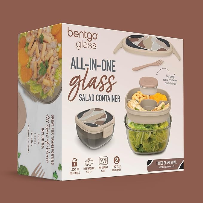 Bentgo Glass Prints All-in-One Salad Container - 61oz Tinted Glass Salad Bowl with Lid, Bento-Style Tray, Sauce Container, & Reusable Fork - Dishwasher & Microwave Safe (Inky Abstract - Neutrals)