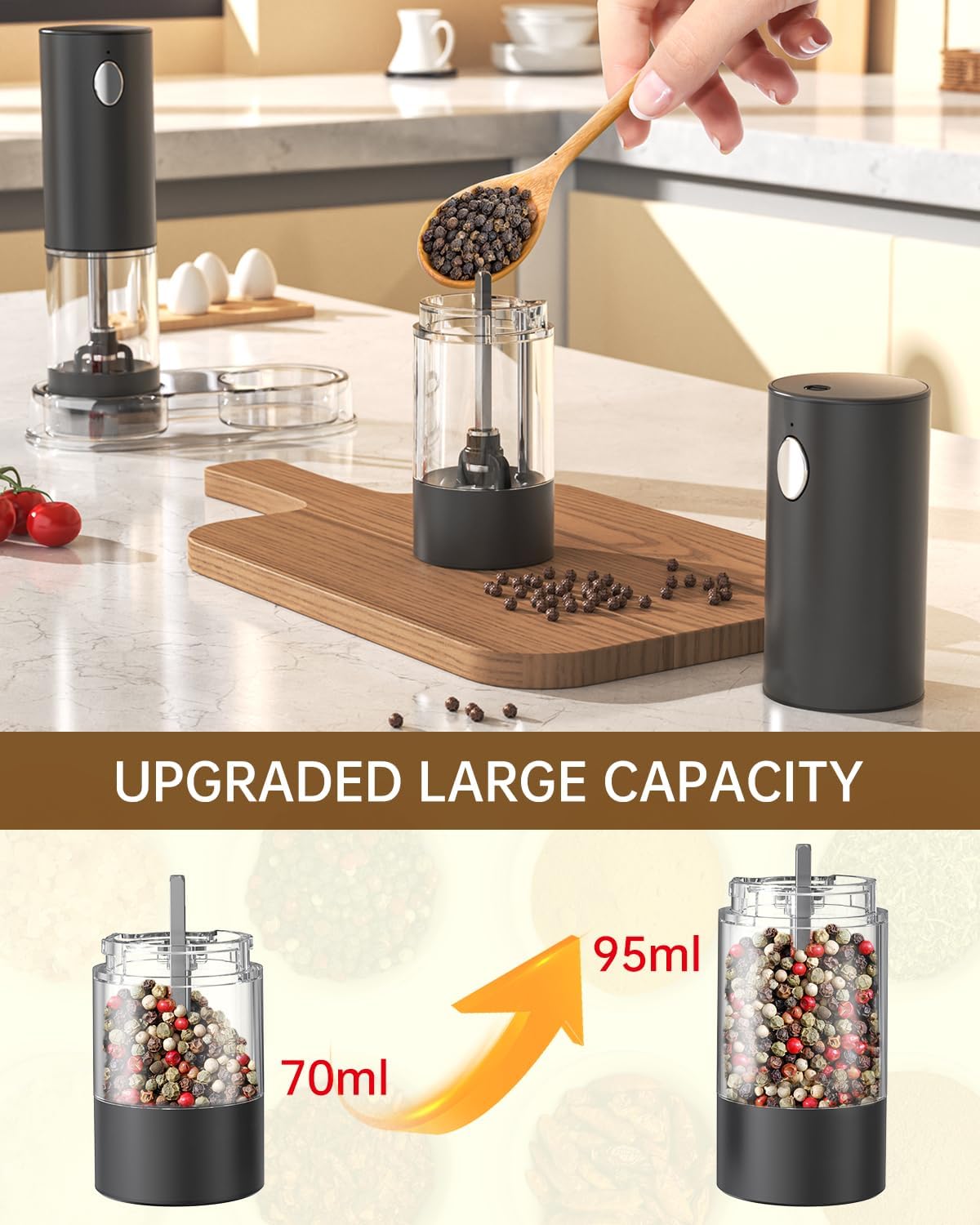 CIRCLE JOY Electric Salt and Pepper Grinder Set Rechargeable Salt and Pepper Mills with Storage Base, Adjustable Coarseness and LED White Light, Washable 95ml Container, Black & White