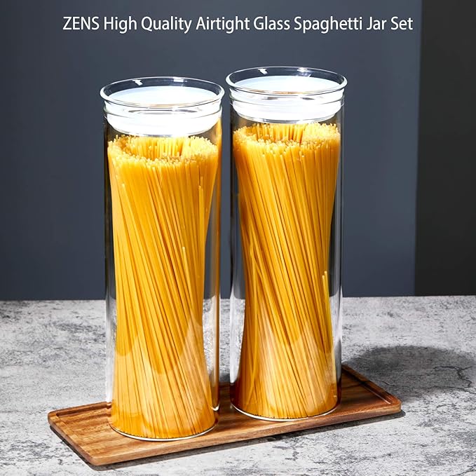 ZENS Glass Spaghetti Pasta Storage Container with Lids Set of 2, 65oz Tall Clear Airtight Food Storage Jar Canisters for Kitchen Pantry Noodles Flour Cereal Coffee Beans