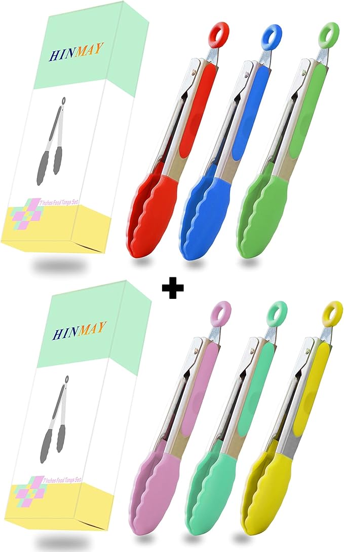 Small Tongs Set 7-Inch Mini Tongs with Silicone Tips, Set of 6 (Red Blue Green Pink Mint Yellow)