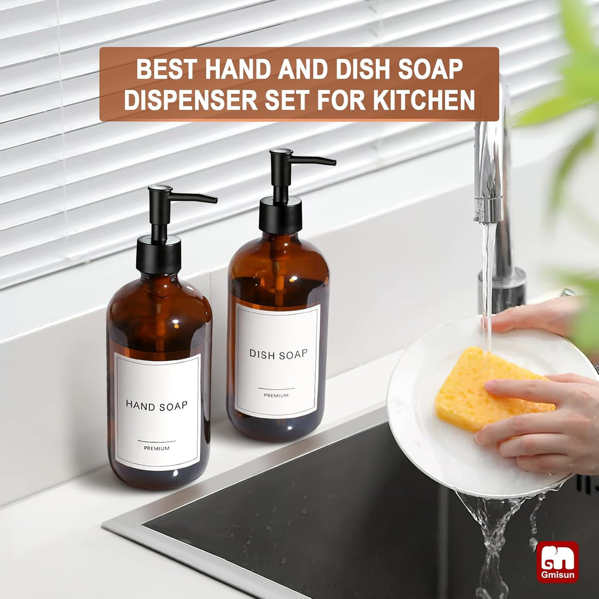 GMISUN Amber Glass Soap Dispenser, 2 Pack Bathroom Hand Soap Dispensers with Stainless Steel Pump, 17 Fl Oz Kitchen Hand and Dish Soap Dispenser Set, Modern Vintage Liquid Brown Soap Dispensers Bottle