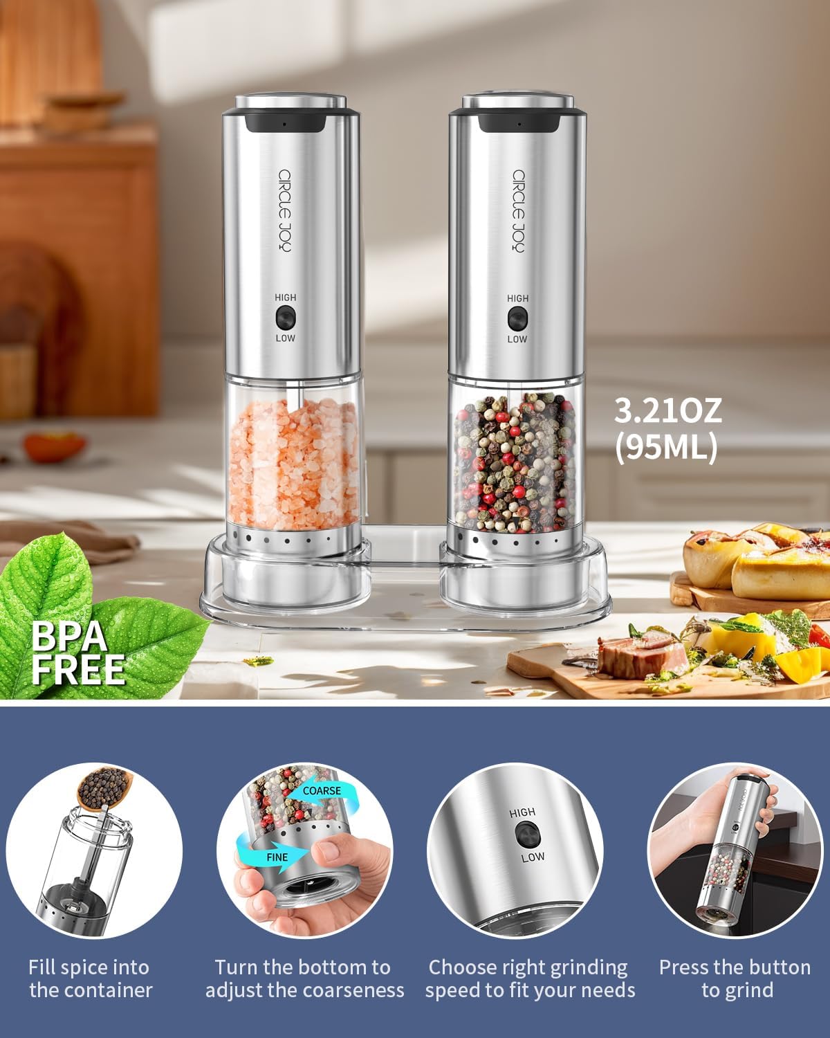 CIRCLE JOY Electric Salt and Pepper Grinder Set Stainless Steel Rechargeable Salt and Pepper Grinder Set, Variable Grinding Speed, External Adjustable Coarseness, Storage Base, White LED Light, Silver