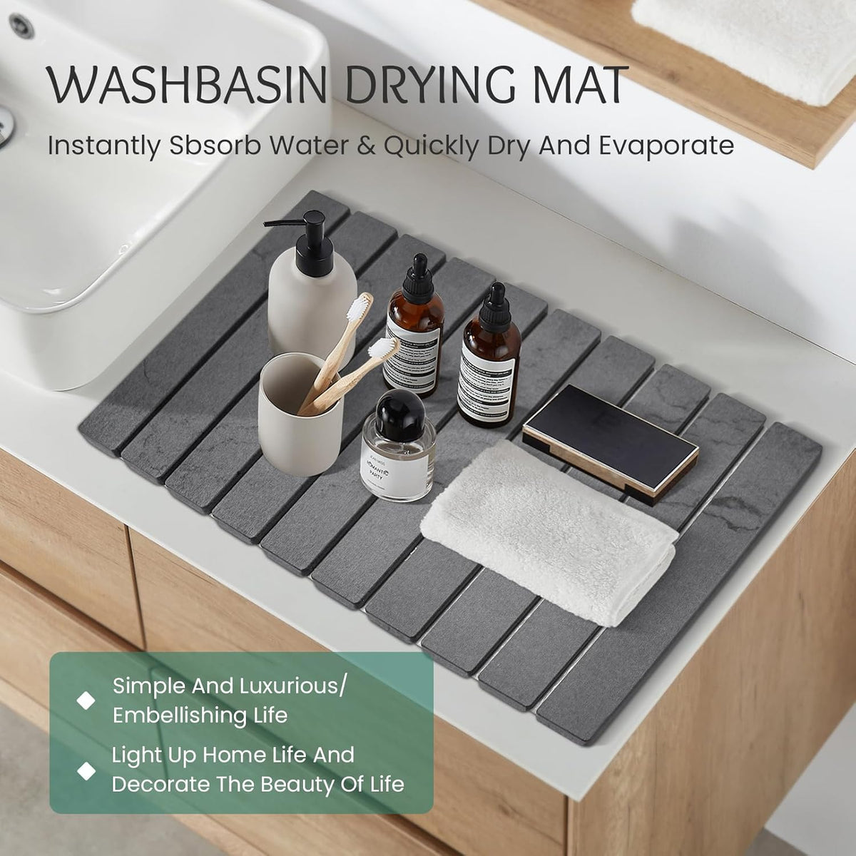 Stone Dish Drying Mat Collapsible Diatomaceous Earth Absorbent Mat Quick Dish Drying Pad Dish Rack Pad Match Any Counterto Multiple Usage for Kitchen,Bathroom (Dark-Gray Marble Pattern, 24"L x 16"W)
