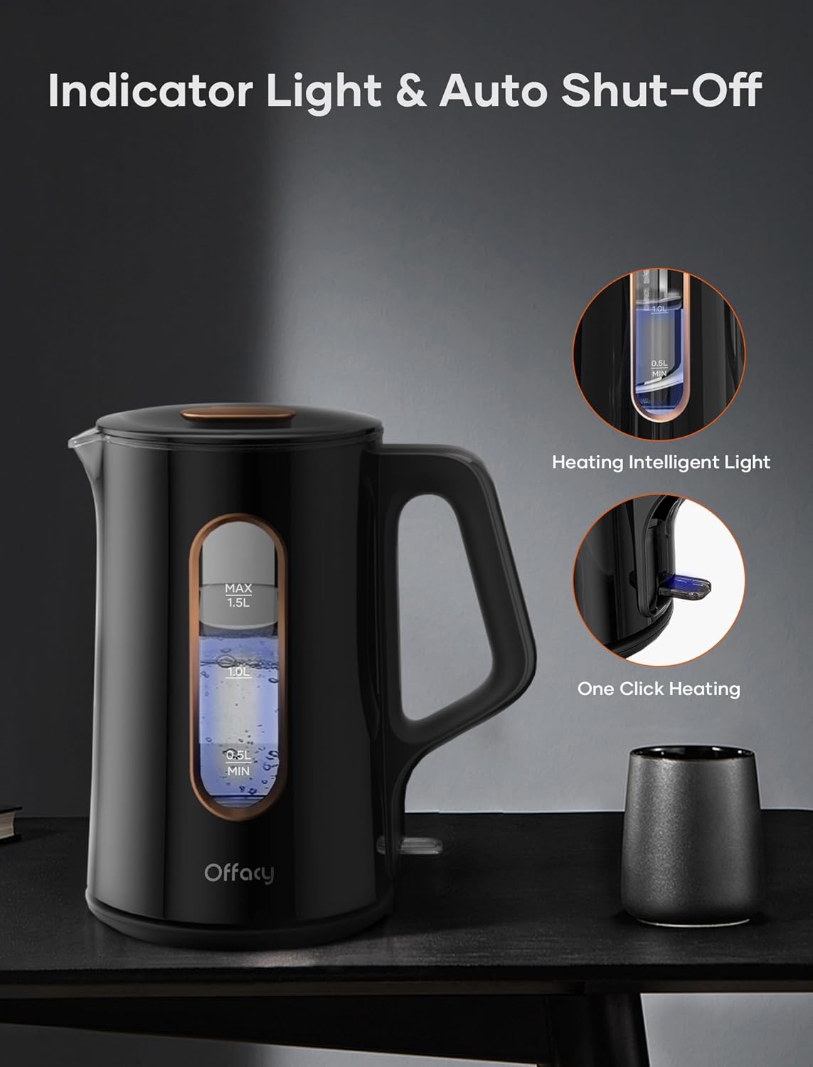 OFFACY Electric Kettle, Double Wall Glass Inner, Hot Water Boiler Heater Pot, 1.5-Liter, 1200 Watts for Fast Boiling, 53oz BPA Free, Glossy Black