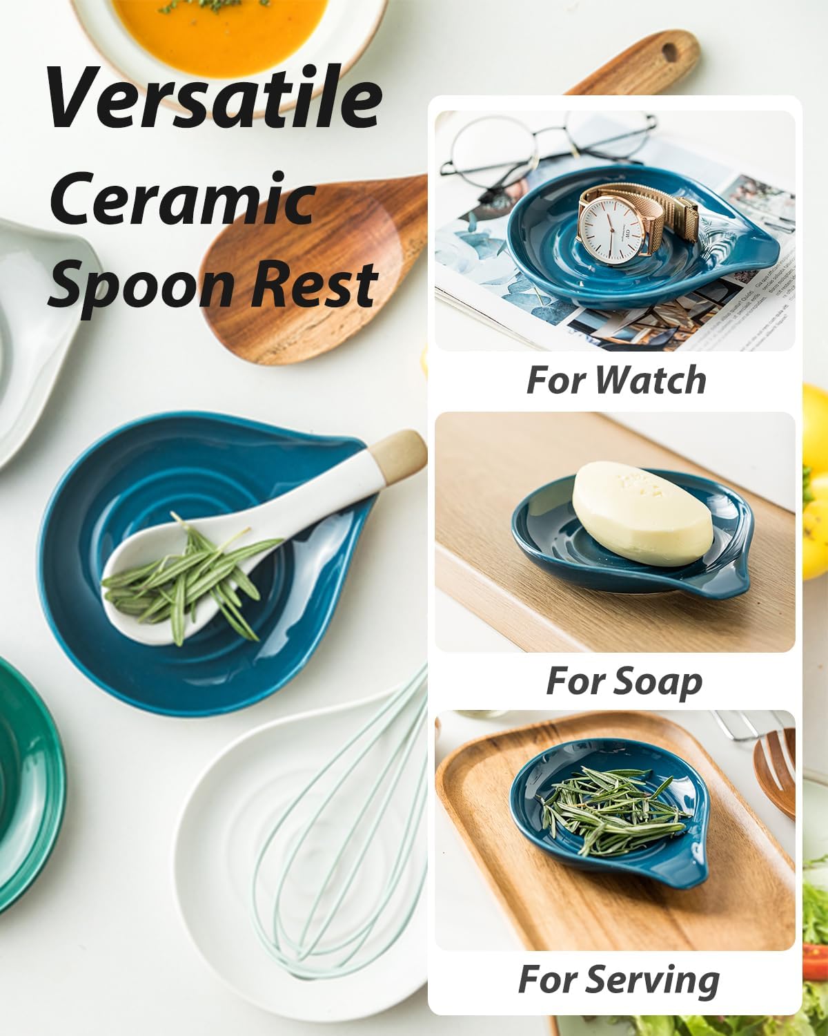 LAUCHUH Spoon Rest for Stove Top, Ceramic Spoon Holder for Kitchen Counter Large Spatula Holder for Spoons, Ladles, Tongs, Christmas Decor, Set of 2, 5 inch, Blue