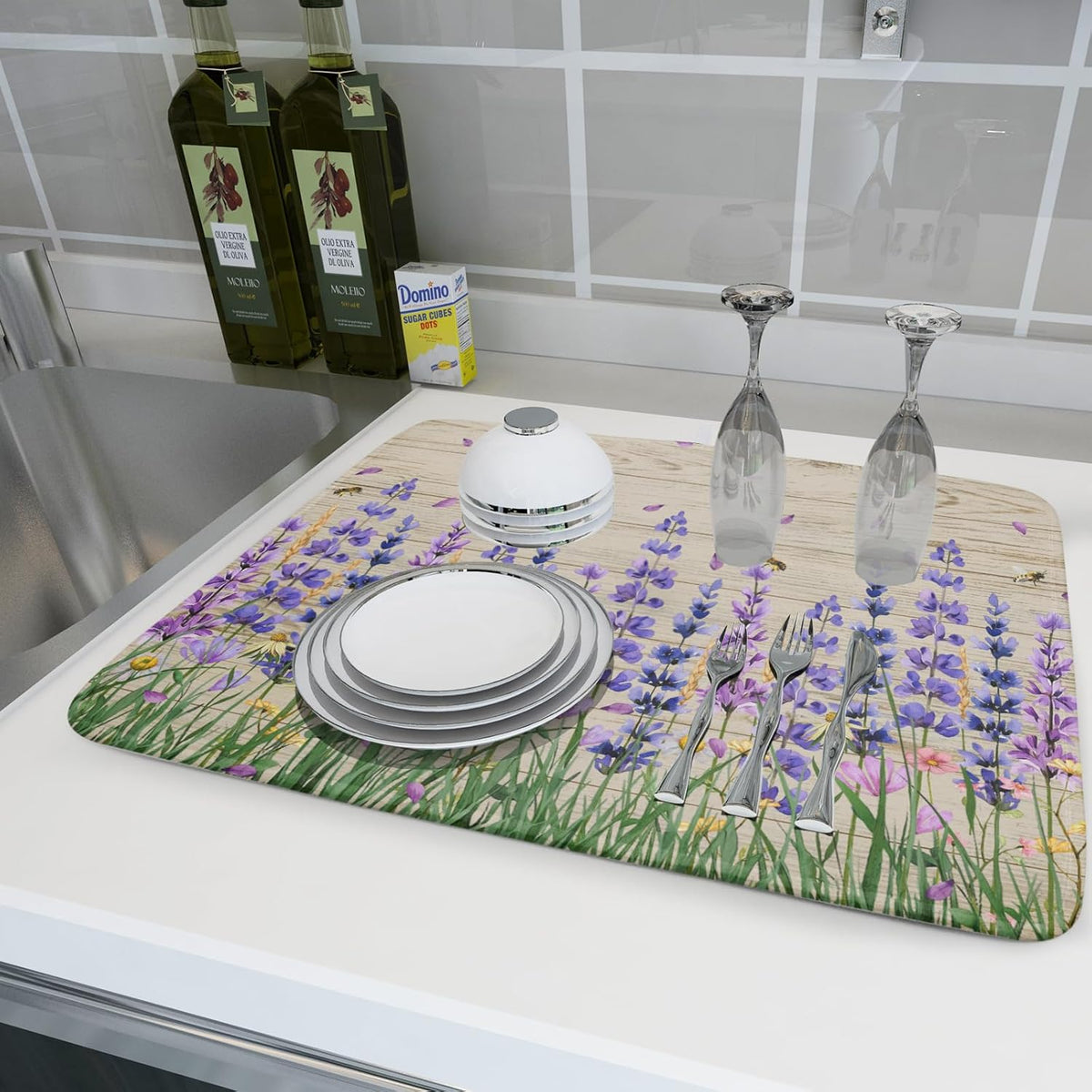Lavender Floral Dish Drying Mat 18x24 inch Spring Summer Flower Decorative Fast Dry Dishes Drainer Mats Reversible Washable Dish Rack Pad