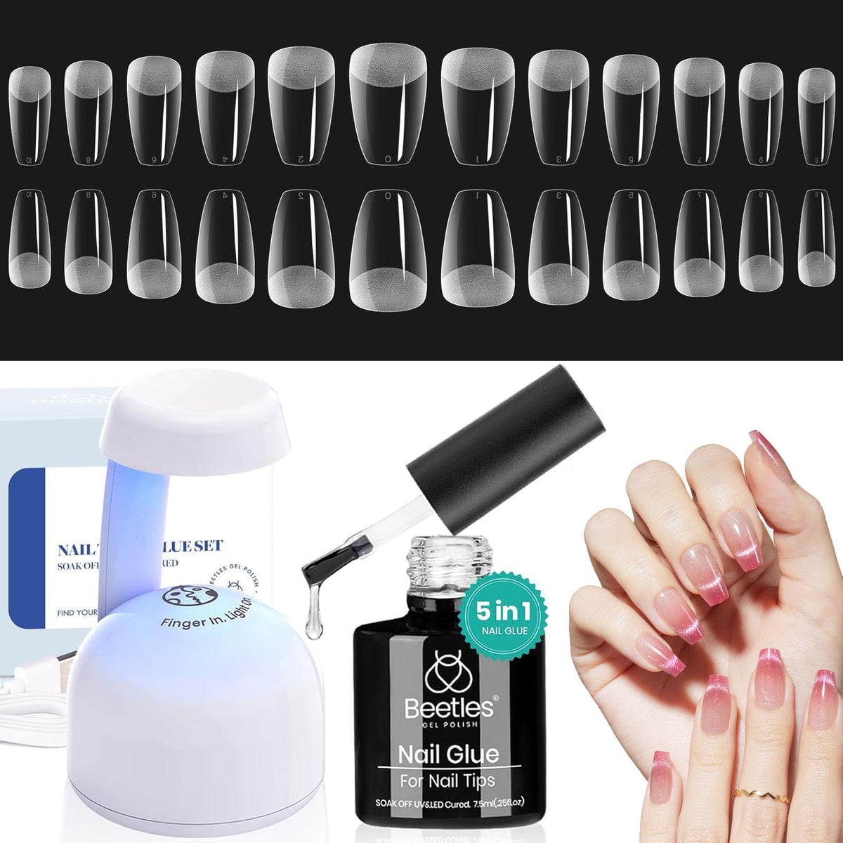 Beetles Gel Nail Kit Easy Nail Extension Set 504Pcs Pre Filed Half Matte Short Coffin Gel Nail Tips With 5 In 1 Multipurpose Glu
