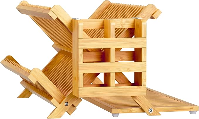Greenual Bamboo Dish Drying Rack with Utensil Holder, 3 Tier Collapsible Dish Rack, Wooden Dish Racks for Kitchen Counter, Large Folding Drying Holder with Absorbent Dish Drying Mat