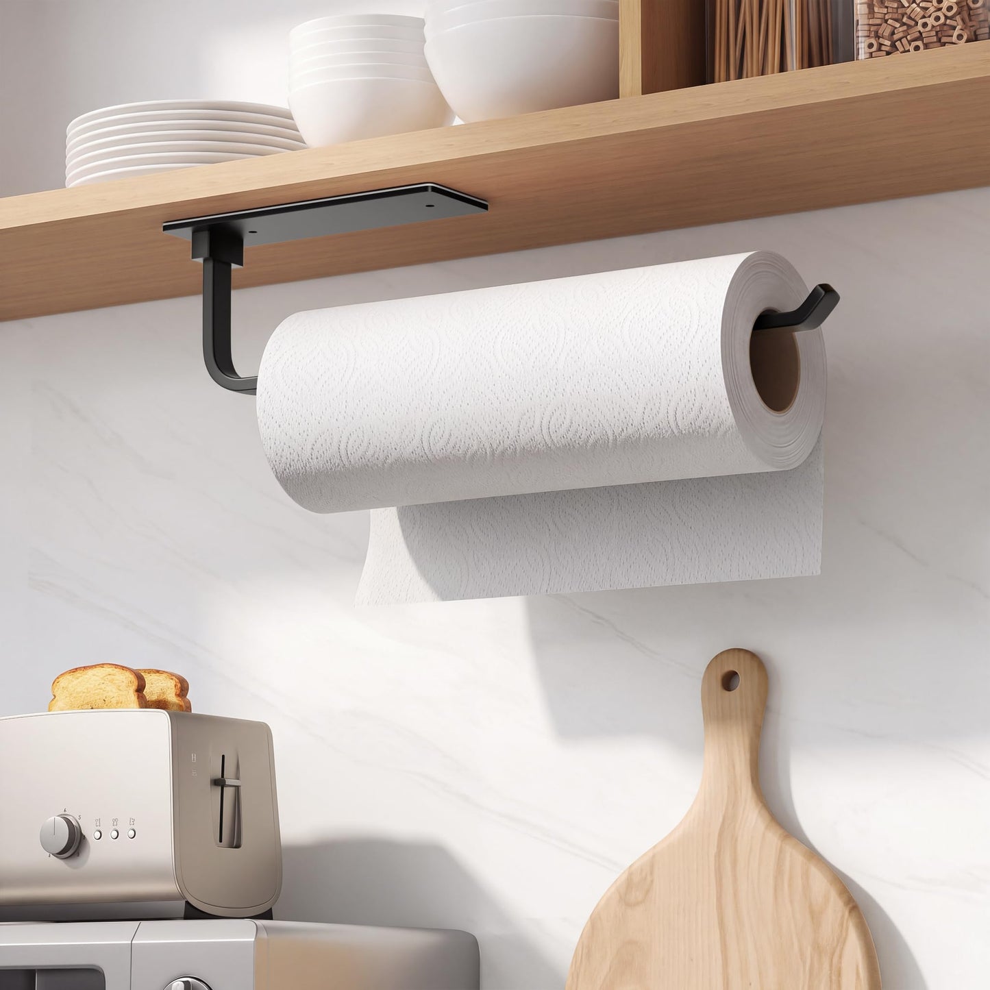 Paper Towel Holder Under Cabinet, Self-Adhesive or Drilling, Matte Black