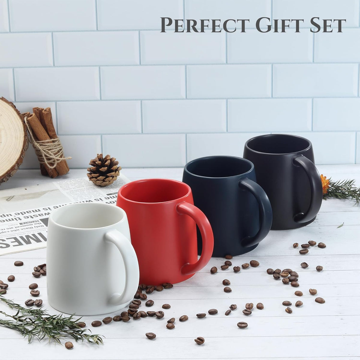Classic Mug, 14 oz Large Coffee Mug with Handle, Ceramic Porcelain Tea Cup, Smooth Matte (Sliding Lid, Set of 2, Red and Navy Blue)