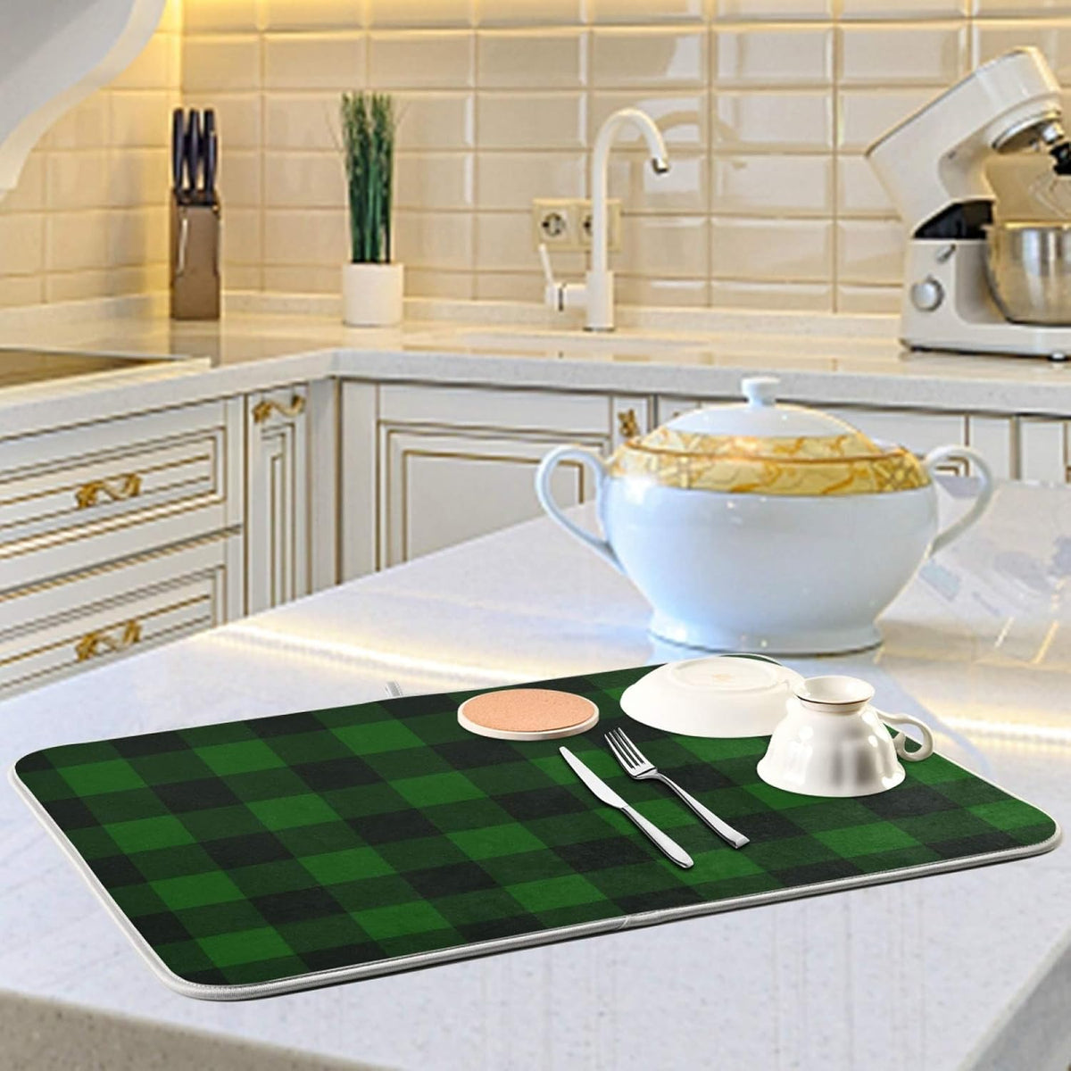 Super Absorbent Dish Drying Mat, Microfiber Fast-Drying Dish Mat, 24" x 18", Kitchen Dish Drying Pad Vintage Hunter Green Plaid