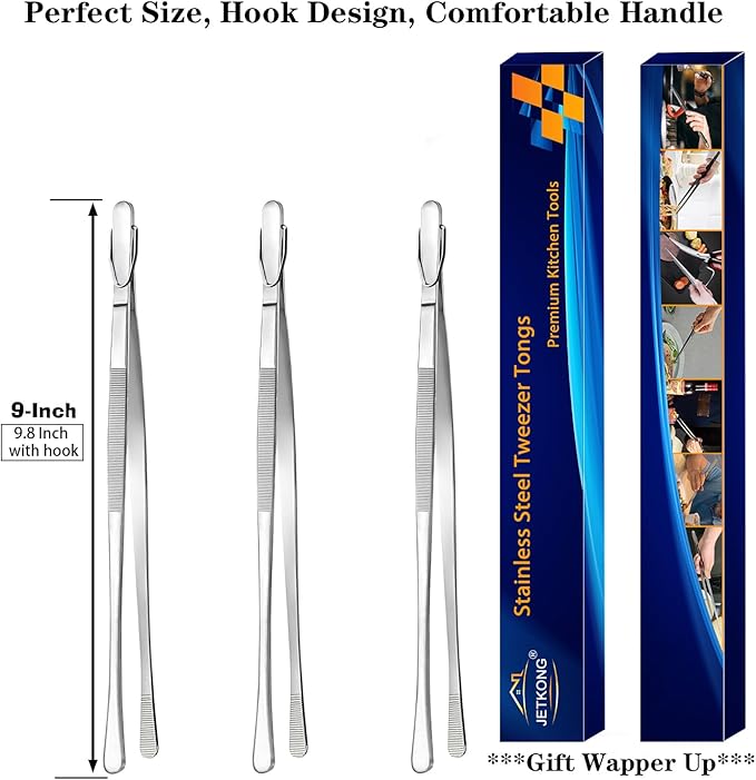JETKONG 3 Pcs Serving Tweezer Tongs 9-Inch Cooking Tweezers Kitchen Tweezers (9 9 9 Inch, Silver)