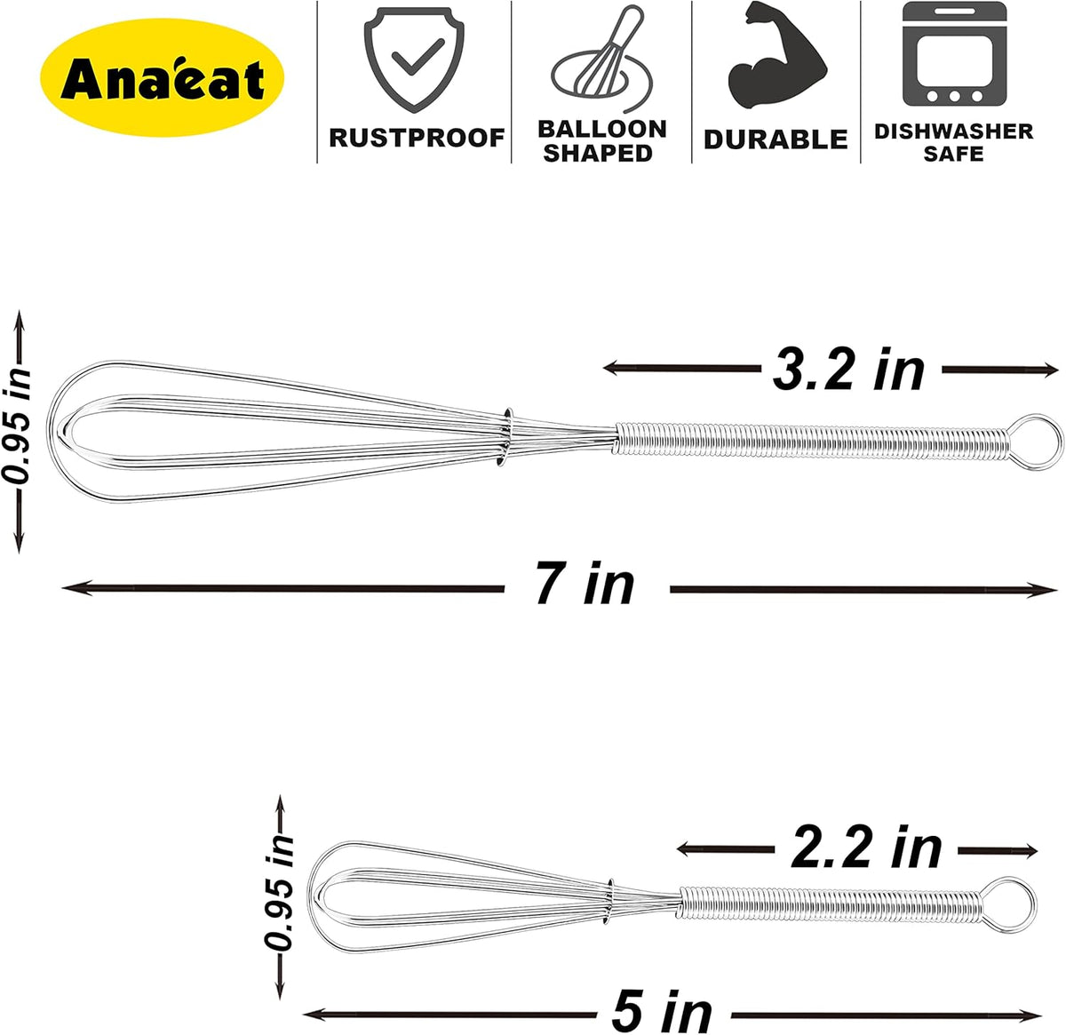 Anaeat Mini Wire Whisks, Set of 2 Portable Stainless Steel Kitchen Tiny Whisk & Egg Beater with Thick Wire - Sturdy Small Mixing Balloon for Cooking, Blending, Whiping, Beating and Stirring (5" + 7")