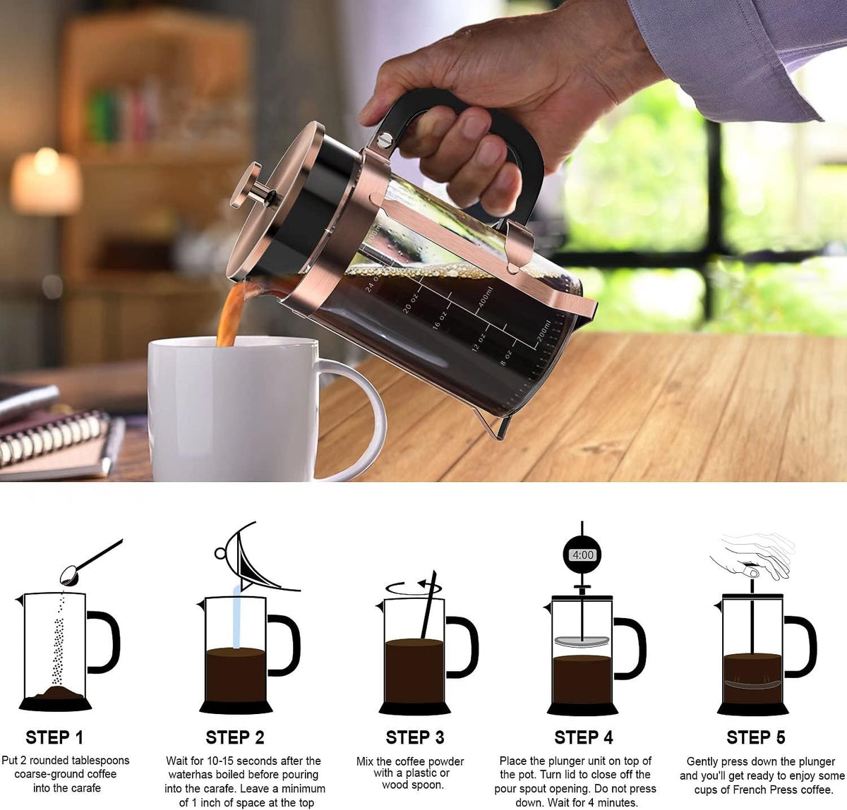 QUQIYSO French Press Coffee Maker 34oz 304 Stainless Steel with 4 Filter, Heat Resistant Durable, Easy to Clean, Borosilicate Glass Press, 100% BPA Free Teapot (Copper)