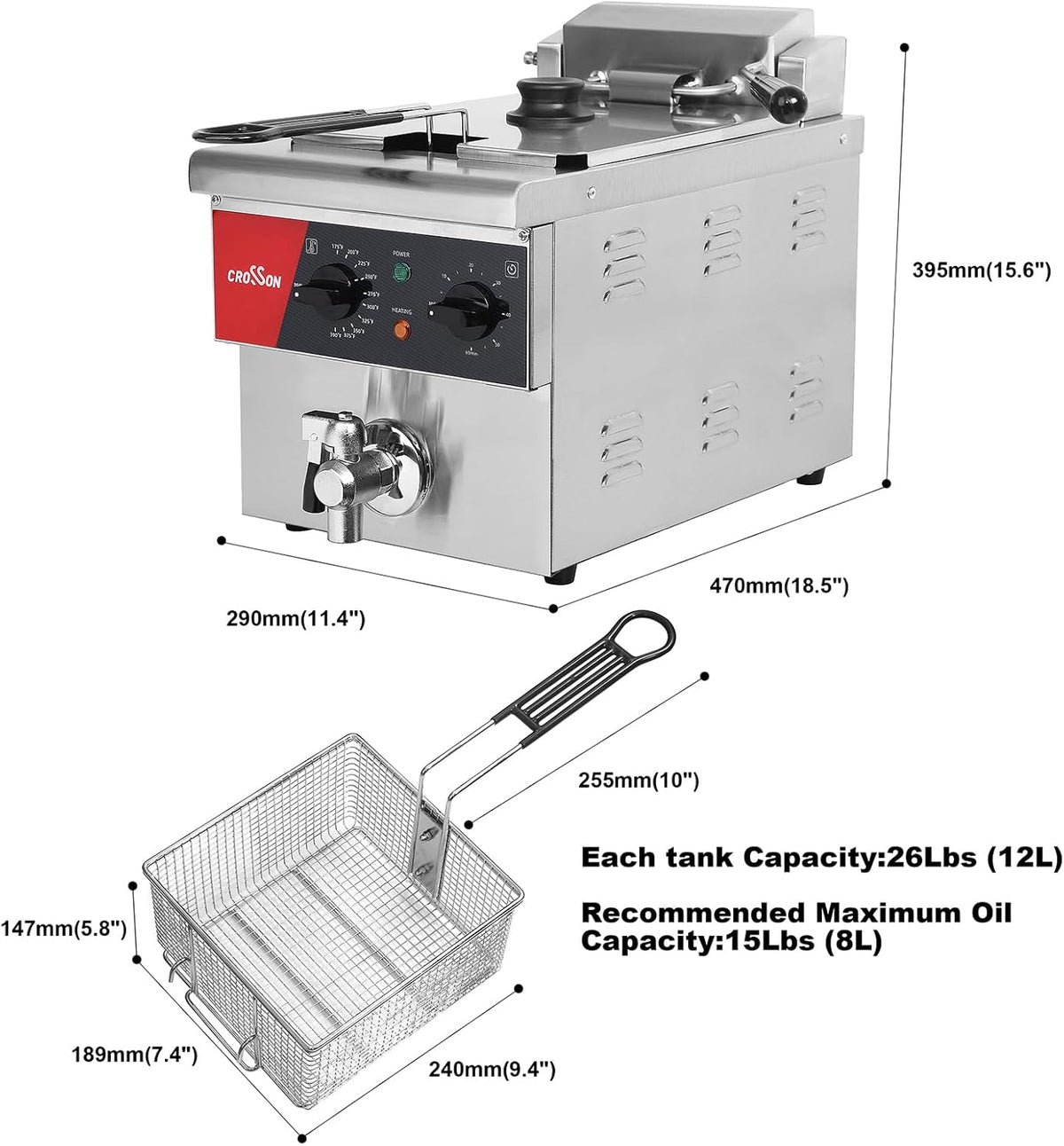 CROSSON 8L Countertop Electric Deep Fryer with Draining Valve,Solid Basket and Lid for Restaurant Use 120V,1800W Stainless Steel Commercial Deep Fryer