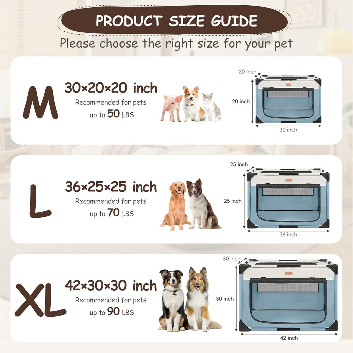 Dog Crate - Soft Pet Kennel for Dogs/Cats, 3-Door Breathable Travel Cage with Mesh Window, Portable Dog Kennel for Indoor & Outdoor,Blue-M