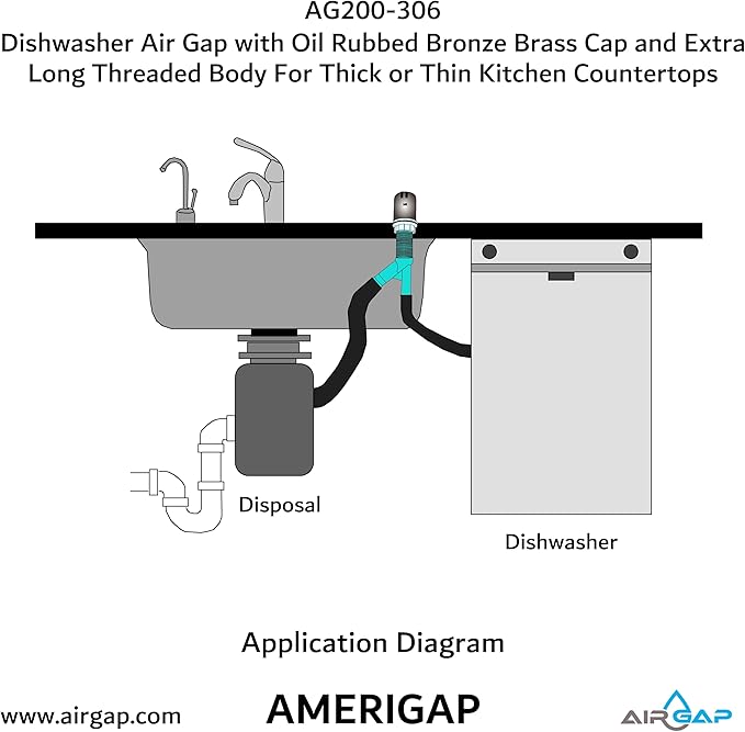 Dishwasher Air Gap with Skirted Oil Rubbed Bronze Brass Cap and Extra Long Threaded Body for Thick or Thin Kitchen Countertops (AG200-306, AG200-X06, AMERIGAP)