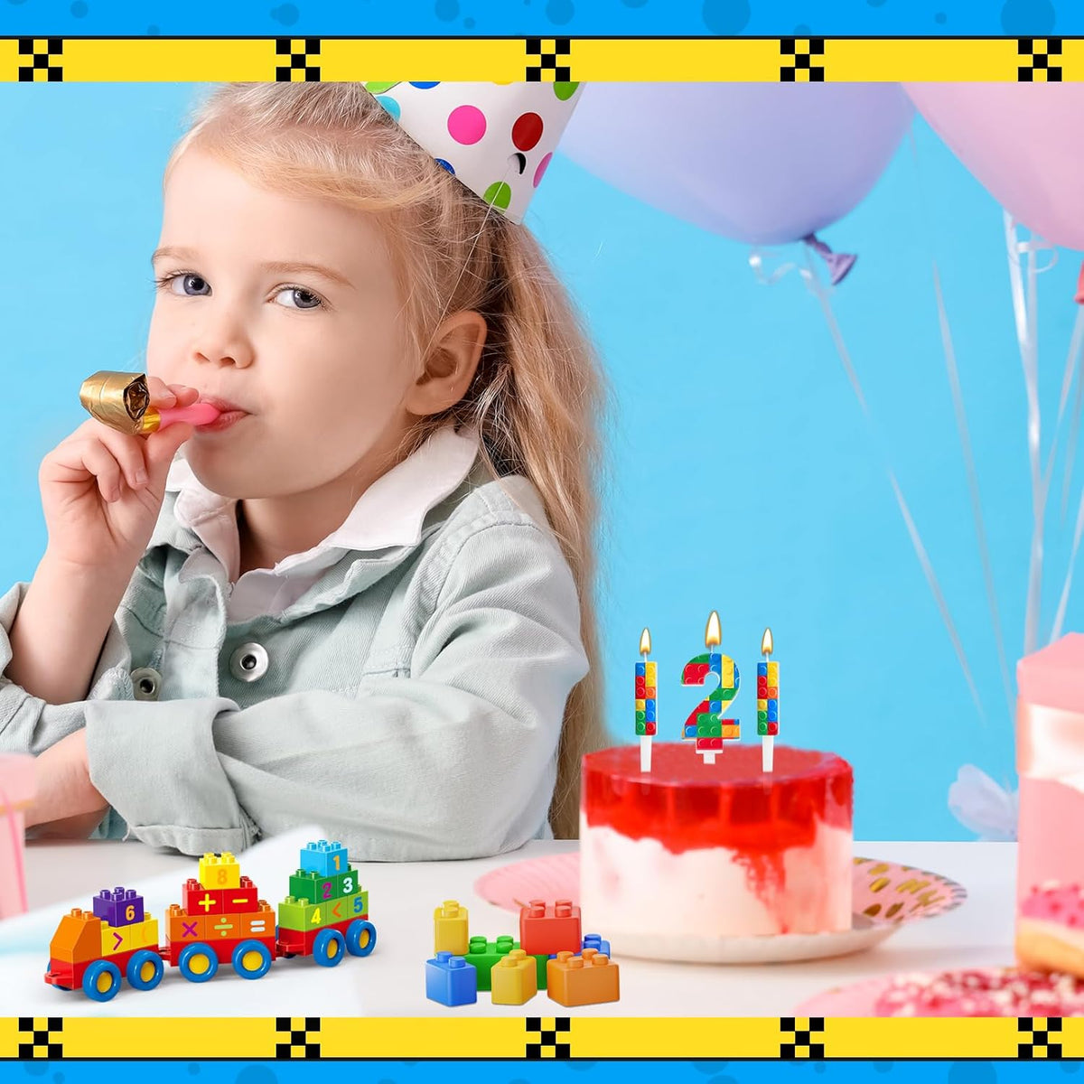 AXBMM 7 Pcs Building Block Themed Birthday Candles Set Building Blocks Number 2 Candle Cake Topper for Building Block Party Decoration Supplies (Number 2)