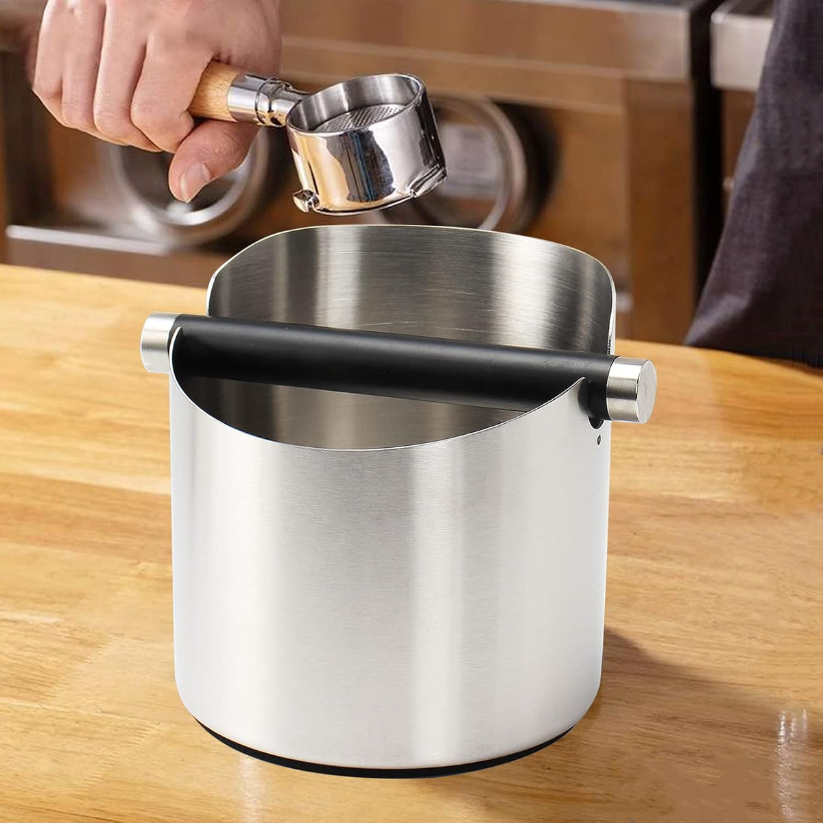 DIBTSA Coffee Knock Box, Espresso Knock Box Stainless Steel Espresso Machine Accessories with Removable Knock Bar and Non-Slip Base Coffee Grounds Container Bin, Large (Silver)