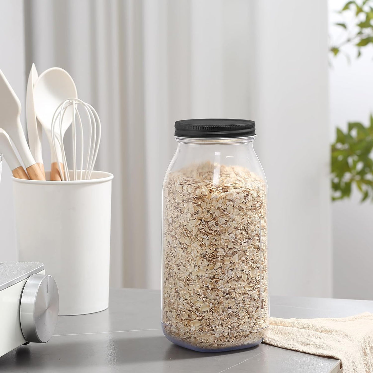 novelinks 64 oz Large Plastic Jars with Metal Lids - 4 Pack BPA-Free Clear Storage Containers for Pantry, Pickles, Sauces, Flour, Snacks - Leak-Proof Airtight Food Grade Jars for Kitchen (Black)