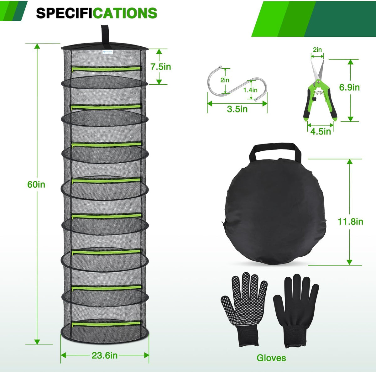 Yesker 8 Layer Herb Drying Rack Hanging Mesh Foldable Plant Drying Racks 24" w Green Zipper Pruning Shears Gloves Dryer Hanging Rack for Herbs Seed Bud Fruit Clothes Grow Tent Closets Garden Outdoor