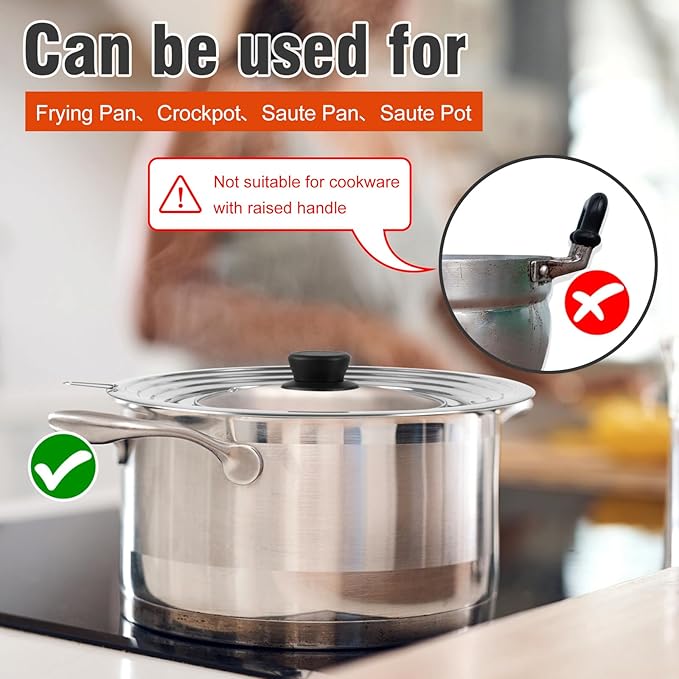 Universal Lid for Pots and Pans Skillets,Pot Lid fit 8.2, 9, 10, 11, 12 and 12.5 Inch Cookware, Large Replacement Frying Pan Cover, Stainless Steel Cast Iron Skillet Lids with Heat Resistant Knob