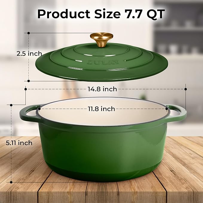 Zulay Kitchen 7.7 Quart Enameled Cast Iron Dutch Oven Pot with Lid – Premium Durability & Oven Safe up to 500°F – Heavy Duty Cookware Perfect for Bread Baking, Stews, Braising & Roasting – Green