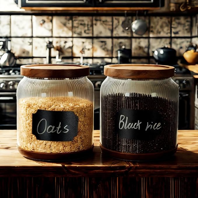 SAIOOL 2-Pack Striped Borosilicate Glass Airtight Canisters - Big mouth Large Capacity, Acacia Wood Lid, Food Storage Jars for Flour, Pasta, Pantry Organization (1/2 Gallon (Striped 2 pack))