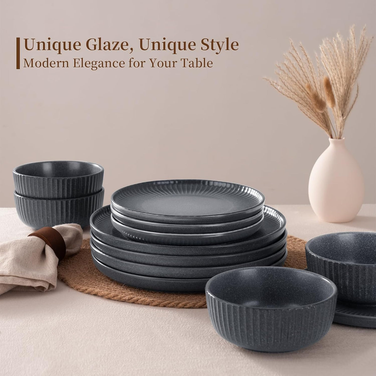 Famiware Starlight Dinnerware Sets, Plates and Bowls Dish Set of 4 (12 Pieces), Ribbed Textured Tableware - Dishwasher & Microwave Safe, Chip Resistant, Reactive Glaze, Matte Midnight Grey