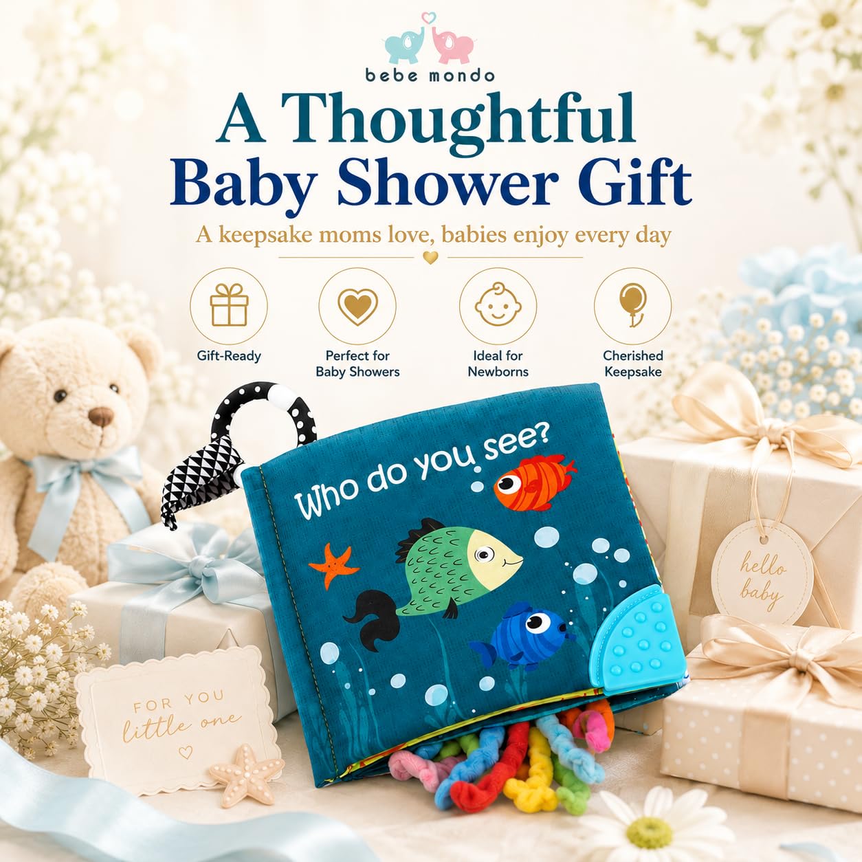 Fish Baby Books Toys, Touch Feel Cloth Crinkle Books for Babies,Baby Infant Toys 0-6, 6-12,12-18 Months,Newborn,Early Learning Education, Baby Gifts Shower for Boys Girls,Teething, Mirror,Shark Ocean