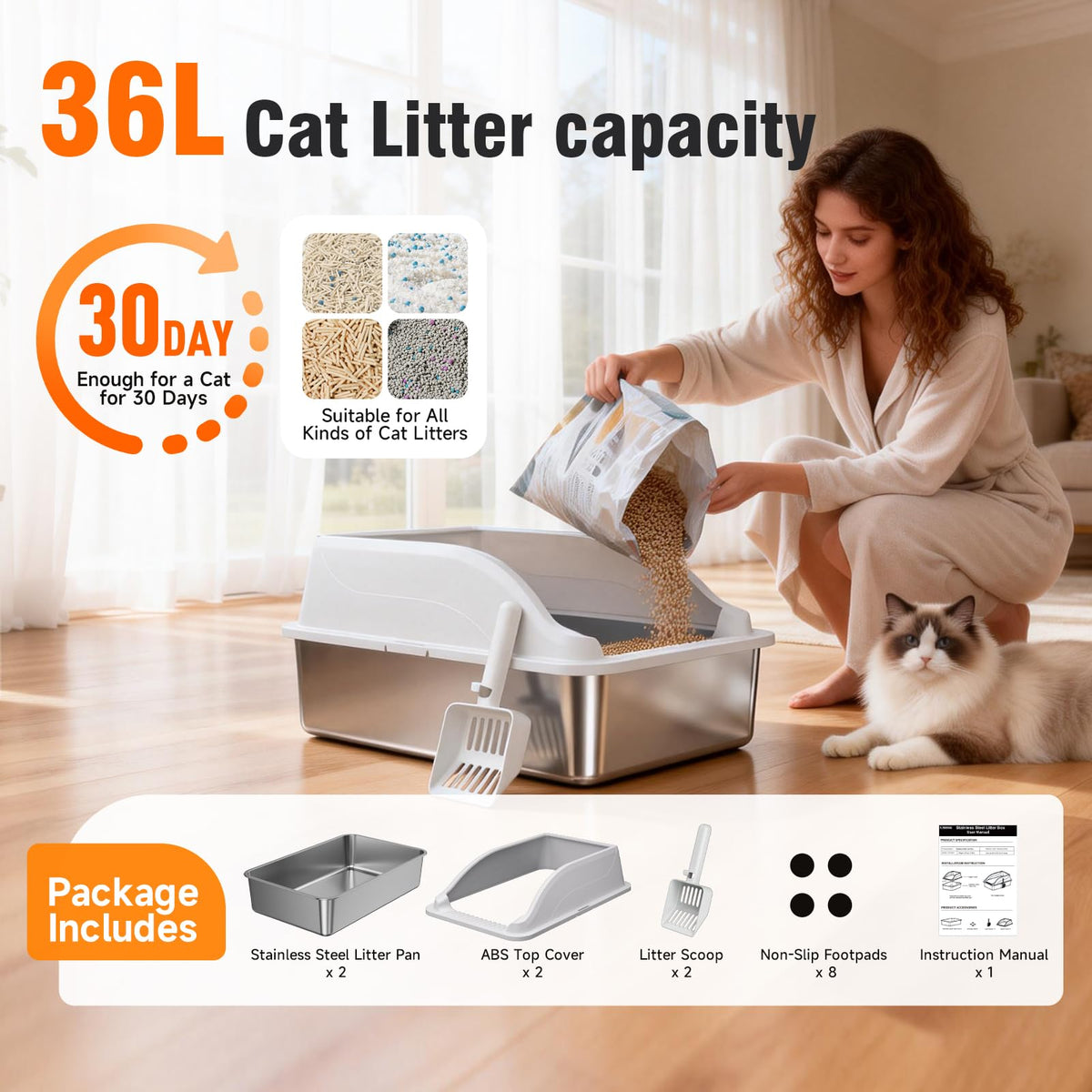 2PACK Stainless Steel Cat Litter Boxes XL Large Metal Pan Include Scoop
