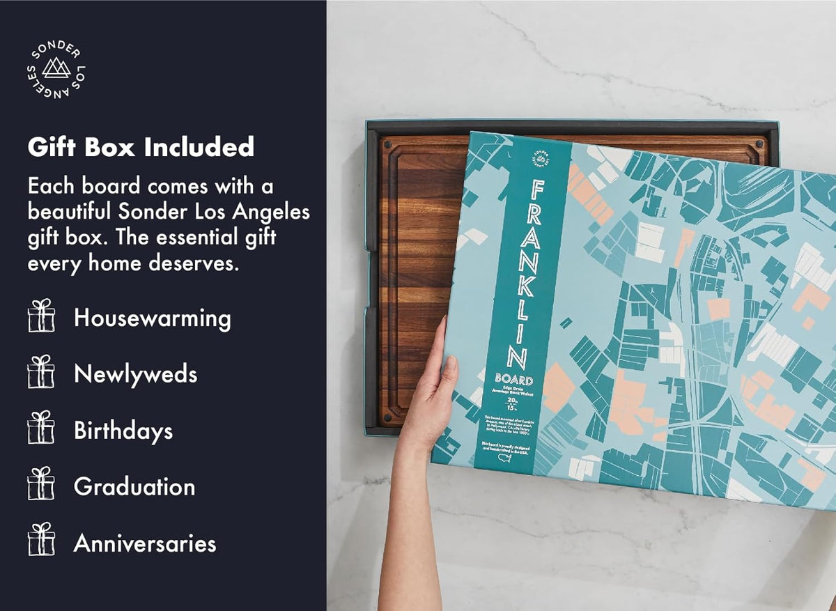 Sonder Los Angeles, Made in USA, Large Thick Edge Grain Walnut Wood Cutting Board with Non-Slip Feet, Juice Groove for Kitchen 20x15x1.5 in (Gift Box Included)