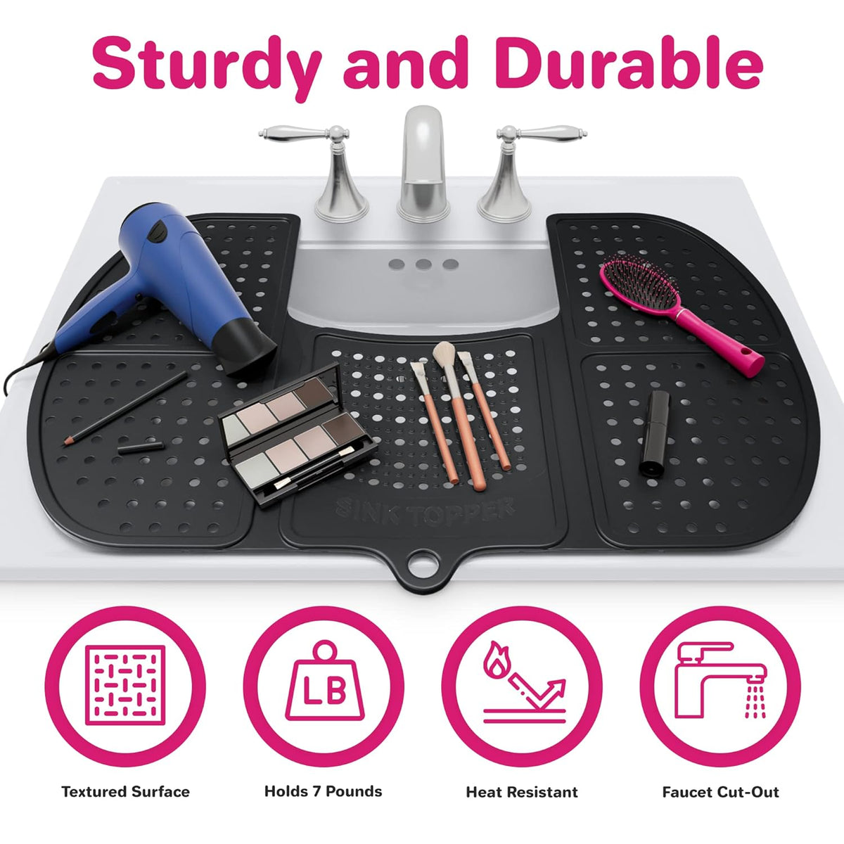 Sink Topper Bathroom Counter Cover & Storage Saver, Foldable Silicone Mat for Hot Tools, Hair Styling & Makeup, Beauty Brush Cleaning Mat, RV Camper Sink Cover & for Small Spaces (Large Black)