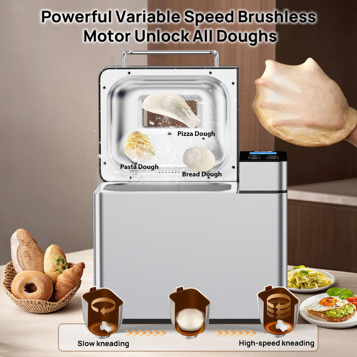 KBS Pro Stainless Steel Bread Machine, 2LB 17-in-1 Programmable XL Bread Maker with Fruit Nut Dispenser, Nonstick Ceramic Pan& Digital Touch Panel, 3 Loaf Sizes 3 Crust Colors, Reserve& Keep Warm Set