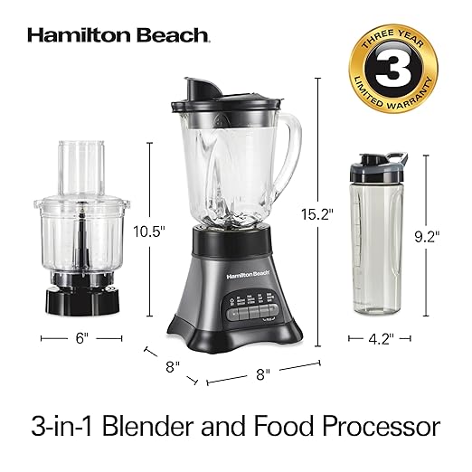 Hamilton Beach Blender and Food Processor Combo for Shakes & Smoothies, With 3 Cup Electric Food Chopper Attachment, 40 oz Glass Jar, Blender Travel Cup, 700 Watts Peak Power, Gray & Black (58163)