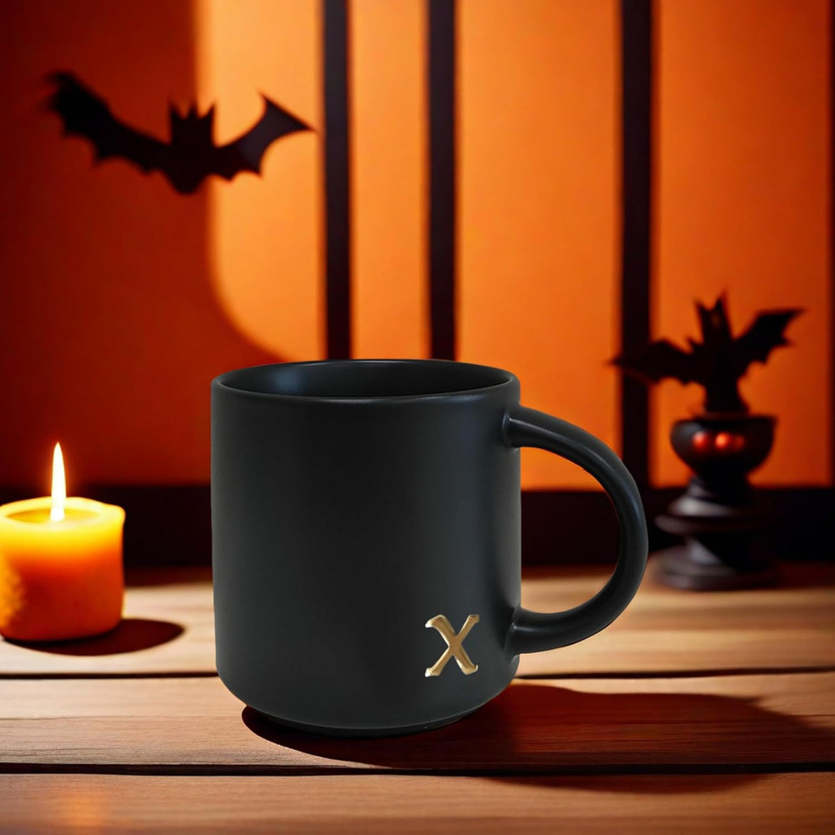COLLECTIVE HOME - Black Monogram Ceramic Mugs, 15 oz Golden Initial Coffee Cups, Elegant Alphabet Tea Mugs, Personalized Halloween Mug with Gift Box, Perfect for Office and Home Décor (x)