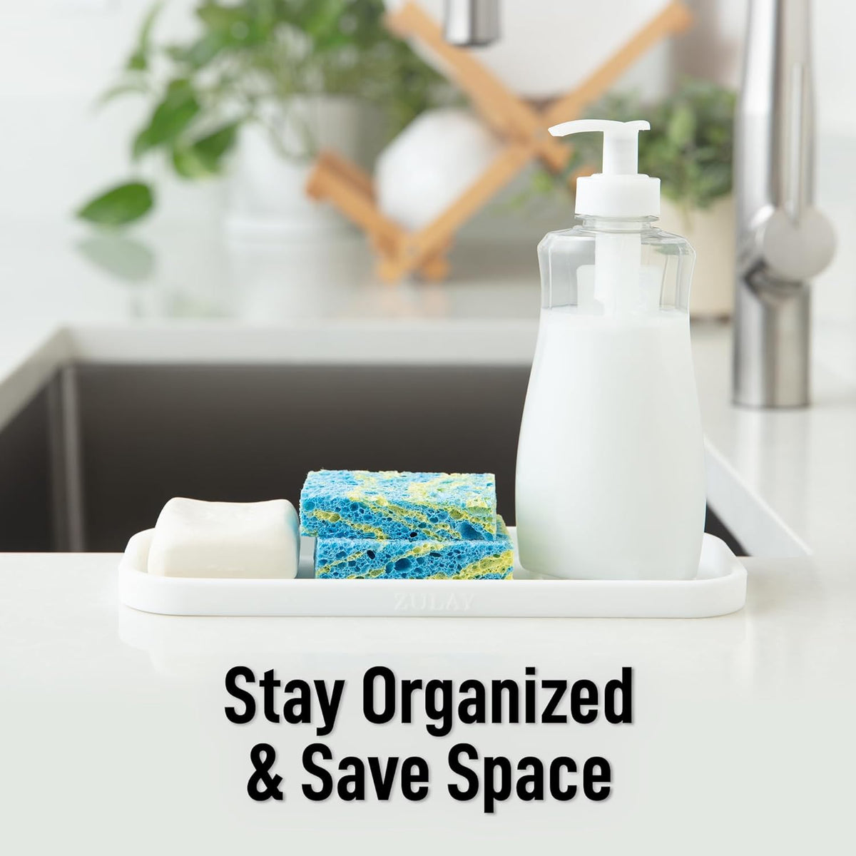 Zulay Kitchen (9x3.5) Silicone Sponge Holder for Kitchen Sink - Flexible Multipurpose Soap Tray - Sink Organizer for Kitchen, Bathroom, Makeup, Trinkets & More (White)