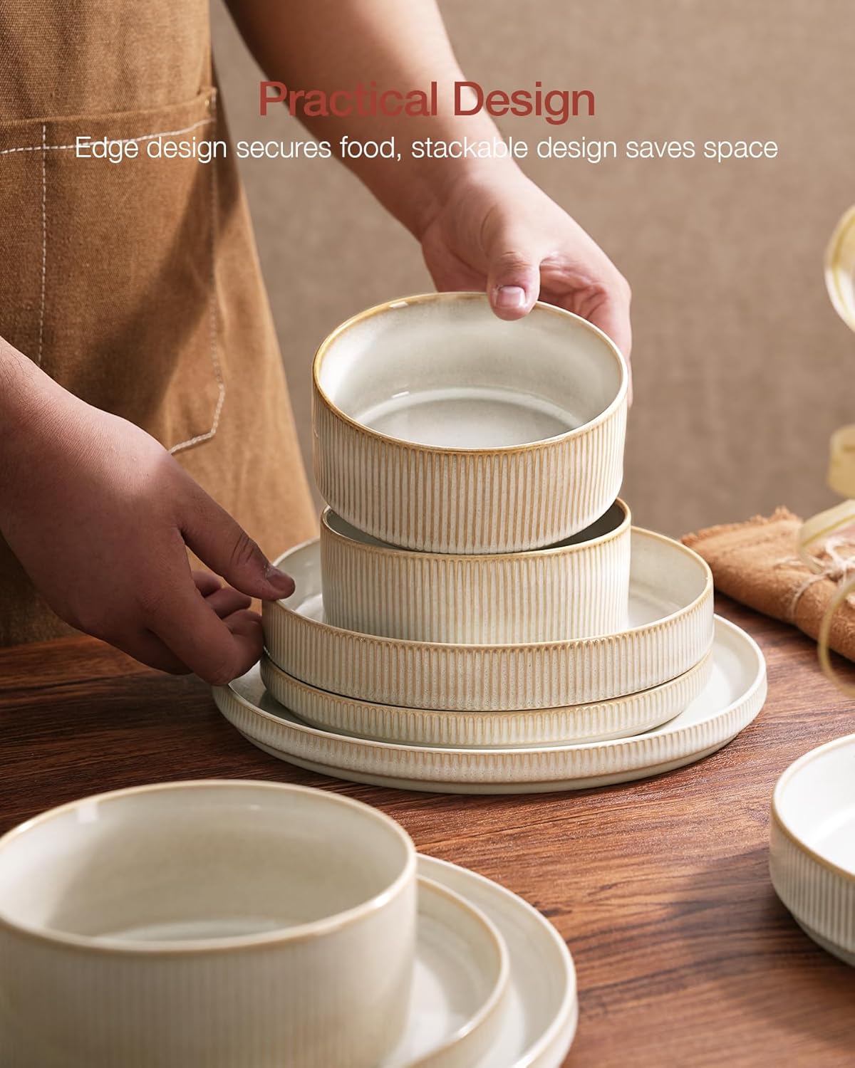 Famiware Star Dinnerware Set with Mugs, Service for 4 (16pcs), Ribbed Stoneware Plates and Bowls Dishes Sets - Chip & Scratch Resistant, Microwave & Dishwasher Safe, Cappuccino White