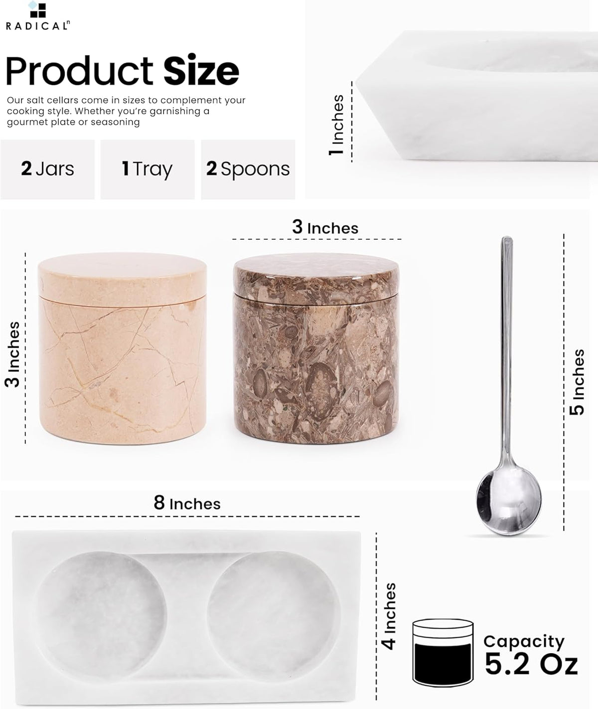 Radicaln Marble Salt Cellar With Lid and Tray 3" Inches Oceanic and Verona Handmade Salt Bowl Set of 2 For Kitchen Storage, Ideal Spice Jar