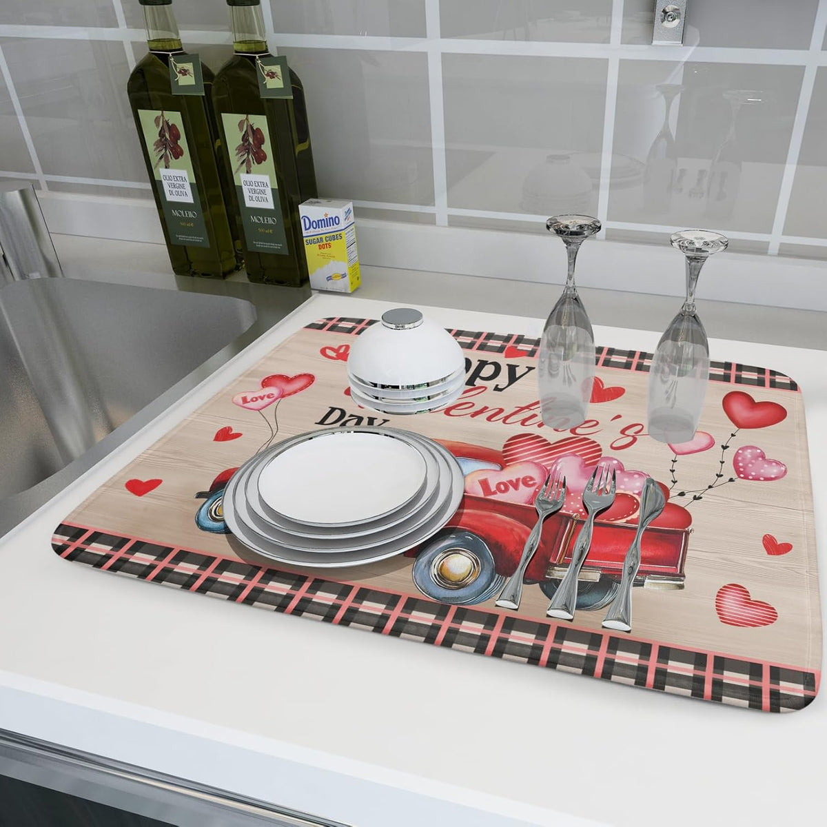 Valentine's Day Truck Dish Drying Mat 18x24 inch Love Heart Washable Absorbent Dishes Pad Dish Drainer Mat for Kitchen Counter Sink Coffee