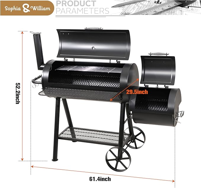 Sophia & William Heavy-Duty Charcoal Outdoor Smoker Grills, Extra Large Offset Smoker (941 SQ.IN. Cooking Area), Charcoal Grill & Smoker Combo for BBQ Patio Cooking