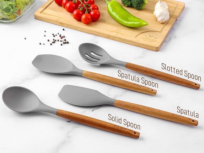 Zulay Kitchen Utensils Set Non-Stick Silicone Cooking Utensils Set with Authentic Acacia Wood Handles - 8 Piece Set - Silicone Kitchen Utensils Set with 464°F Heat Resistance - Gray
