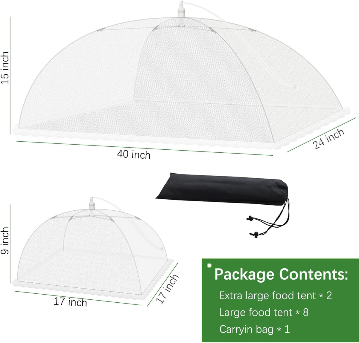 Mesh Food Covers for Outdoors - 10 Pack Upgraded 2 Extra Large 40x24 in & 8 Large 17x17 in Outdoor Party Food Cover Tent Collapsible Picnic Nets Umbrella Screen Pop Up Food Dome for Outside (White)